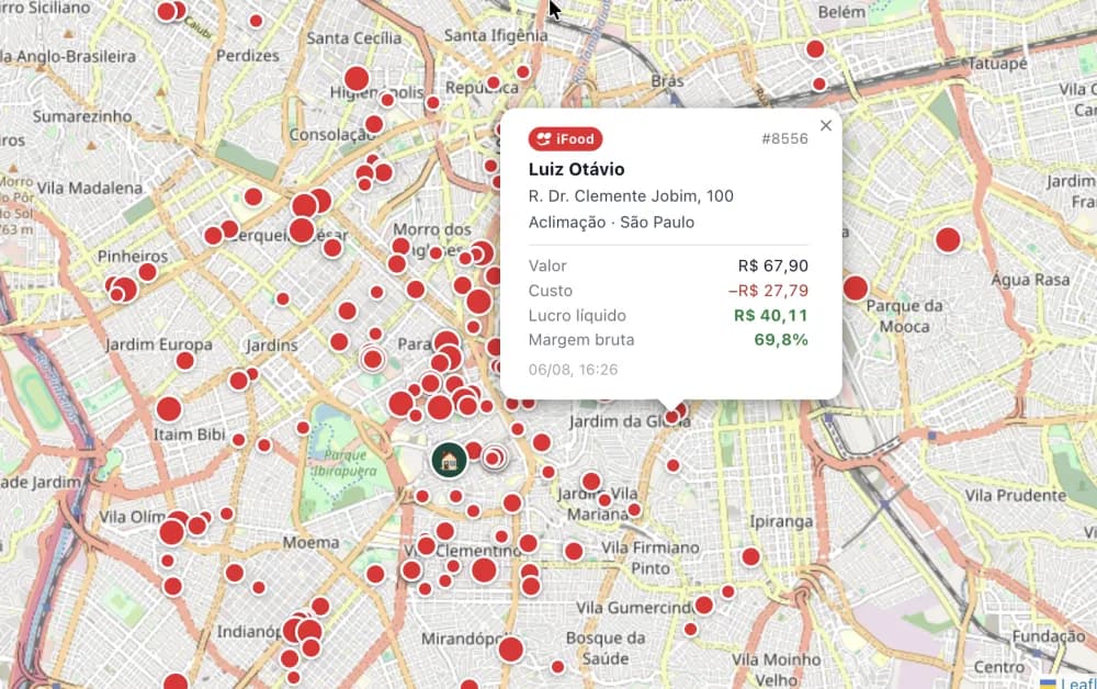 Mapa com a origem dos pedidos e o lucro de uma entrega em destaque